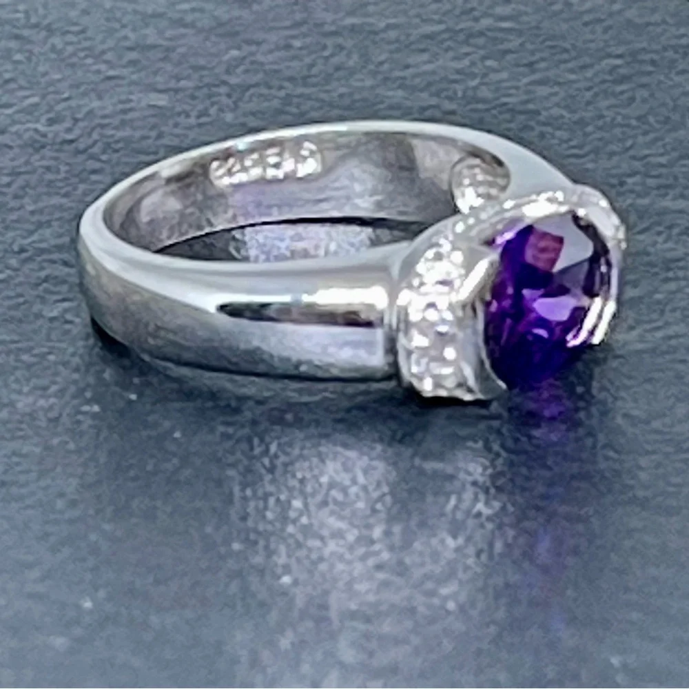 925 Real Amethyst Diamond Sterling Faceted Ring Sz 8